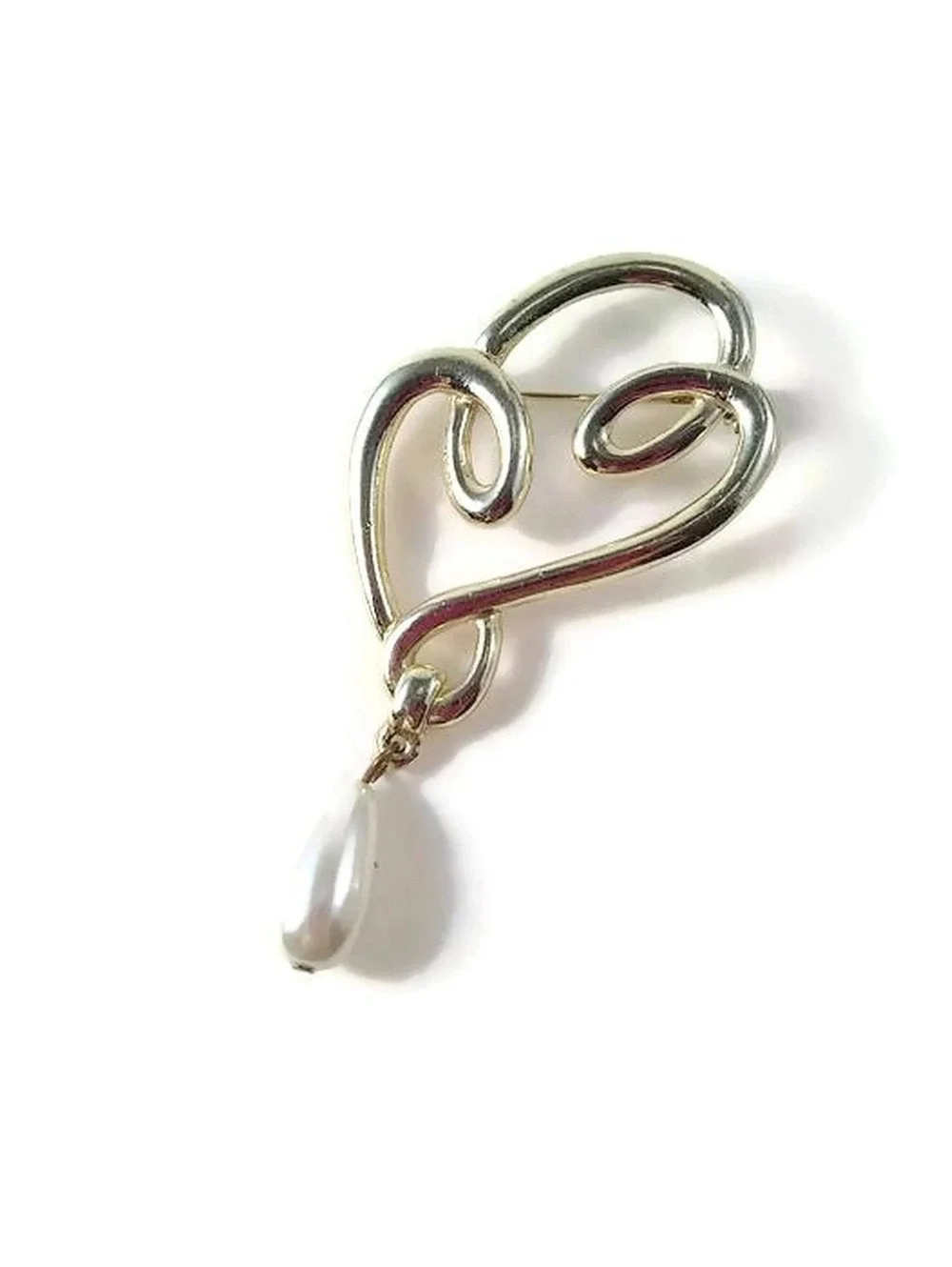 Vintage Gold Tone Swirl Abstract Brooch with Dangling Faux Teardrop Pearl.